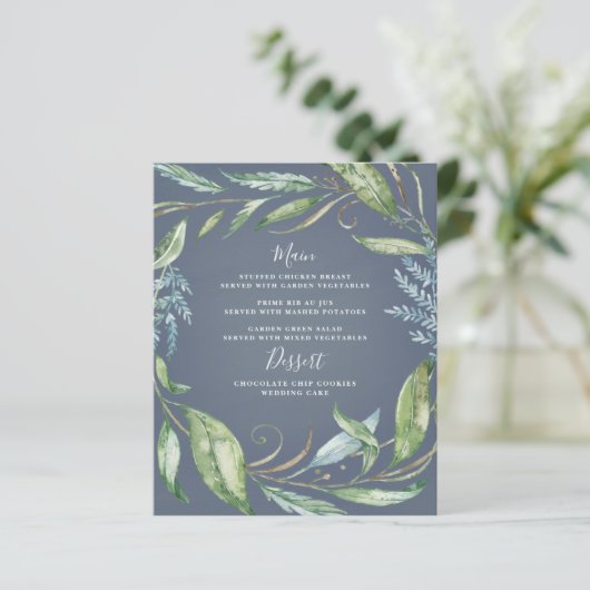 Blauwe Waterverf Greenery Wreath Wedding Menu Kaar (Staand voorkant)