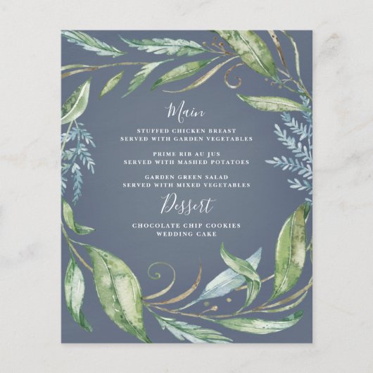 Blauwe Waterverf Greenery Wreath Wedding Menu Kaar (Voorkant)