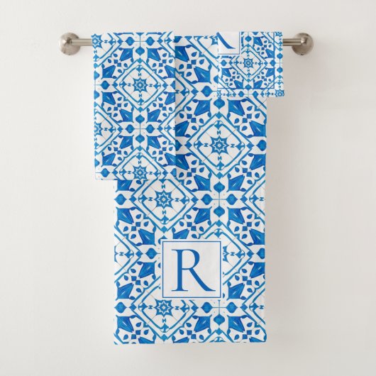 Blauwe waterverf Grieks tegel Mediterraan huwelijk Bad Handdoek (Insitu)