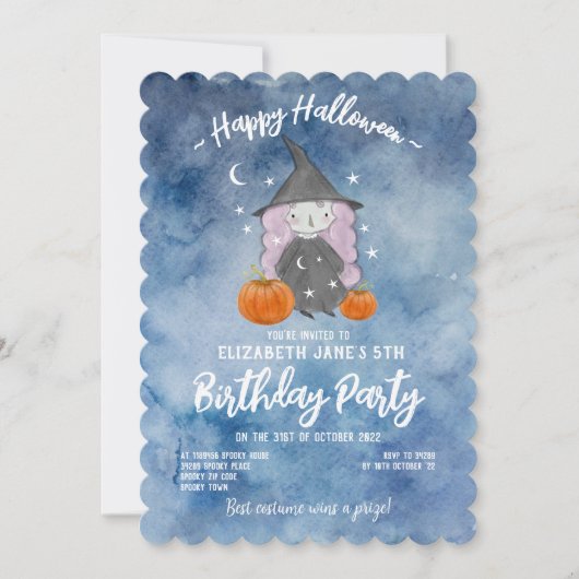 Blauwe Waterverf Halloween Birthday Party Kaart (Voorkant)
