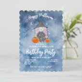 Blauwe Waterverf Halloween Birthday Party Kaart (Staand voorkant)
