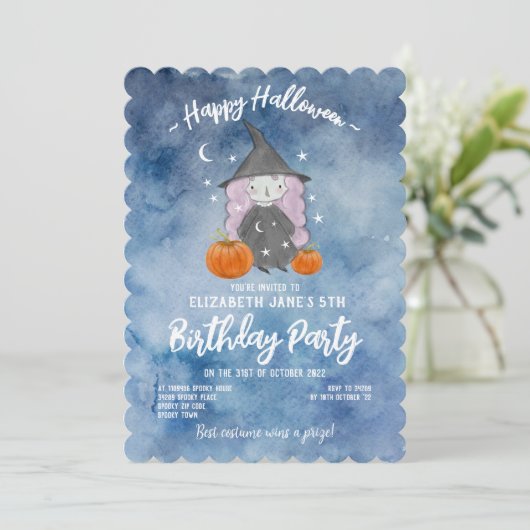 Blauwe Waterverf Halloween Birthday Party Kaart (Staand voorkant)