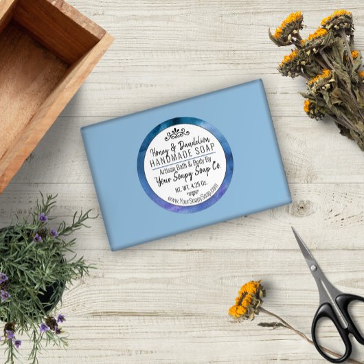 Blauwe Waterverf Handgemaakte Zeep Moderne Typogra Ronde Sticker