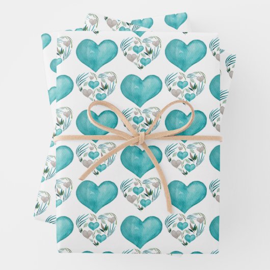 Blauwe Waterverf hart en bladeren Inpakpapier Vel (In situ)