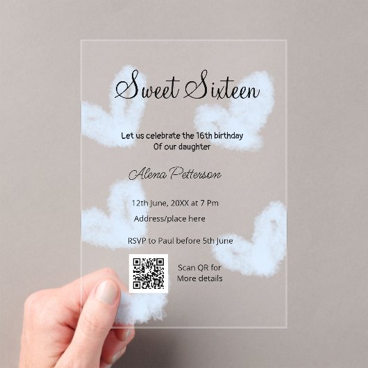 Blauwe waterverf harten QR Sweet zestien verjaarda Acryl Uitnodigingen (Insitu (Draagbaar))