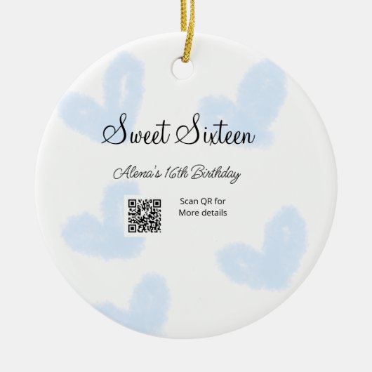 Blauwe waterverf harten QR Sweet zestien verjaarda Keramisch Ornament (Voorkant)