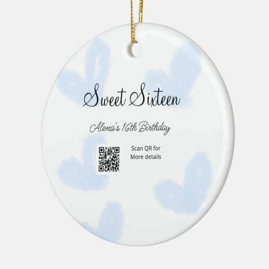 Blauwe waterverf harten QR Sweet zestien verjaarda Keramisch Ornament (Links)