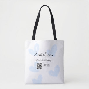 Blauwe waterverf harten QR Sweet zestien verjaarda Tote Bag