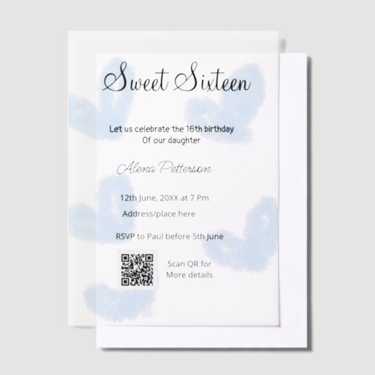 Blauwe waterverf harten QR Sweet zestien verjaarda Vellum Uitnodigingen (Offset)