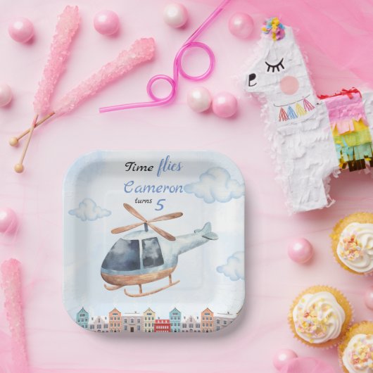 Blauwe Waterverf Helikopter Stad Papieren Bordje (Feest)