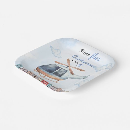 Blauwe Waterverf Helikopter Stad Papieren Bordje (Gebogen)