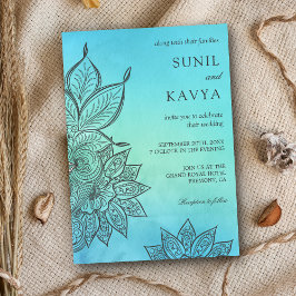 Blauwe Waterverf Henna Indian Wedding Invitation Kaart