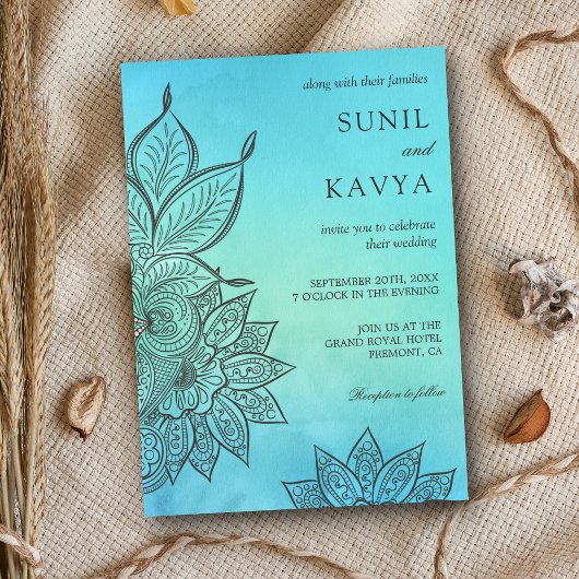 Blauwe Waterverf Henna Indian Wedding Invitation Kaart