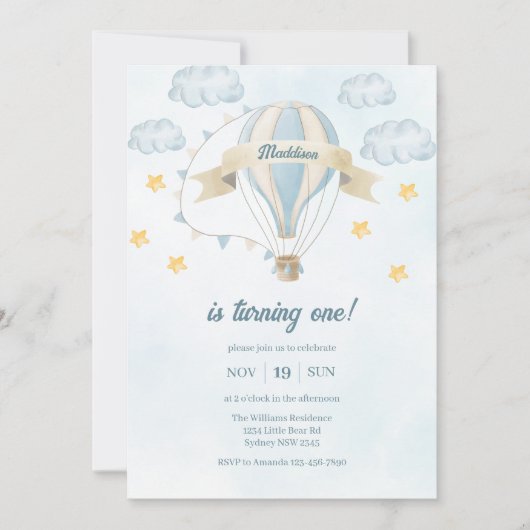 Blauwe Waterverf Hete Lucht Ballon Jongen 1e Verja Kaart (Voorkant)