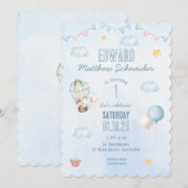 Blauwe Waterverf Hete Luchtballon Bunny Verjaardag Kaart (Voorkant / Achterkant)