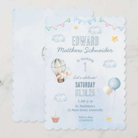 Blauwe Waterverf Hete Luchtballon Bunny Verjaardag Kaart (Voorkant / Achterkant)