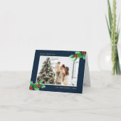 Blauwe Waterverf Holly Berries Feestdagen Kaart (Voorkant)