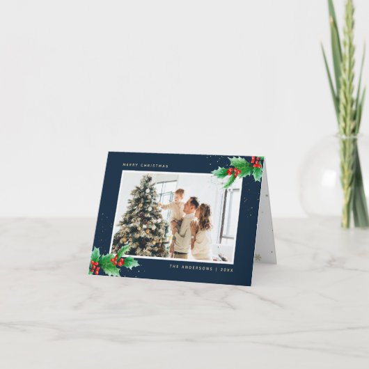 Blauwe Waterverf Holly Berries Feestdagen Kaart (Voorkant)