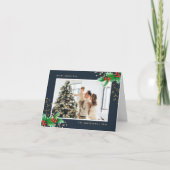 Blauwe Waterverf Holly Foto Vrolijke Kerst Kaart (Voorkant)