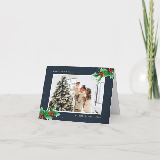 Blauwe Waterverf Holly Foto Vrolijke Kerst Kaart (Voorkant)
