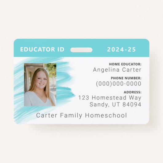 Blauwe Waterverf Homeschool Educator ID Badge (Voorkant)