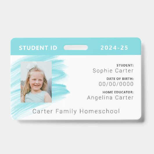Blauwe Waterverf Homeschool Student ID Badge (Voorkant)