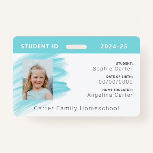 Blauwe Waterverf Homeschool Student ID Badge (Voorkant)