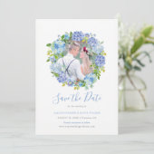 Blauwe Waterverf hortensia foto Save the Date Kaar (Staand voorkant)