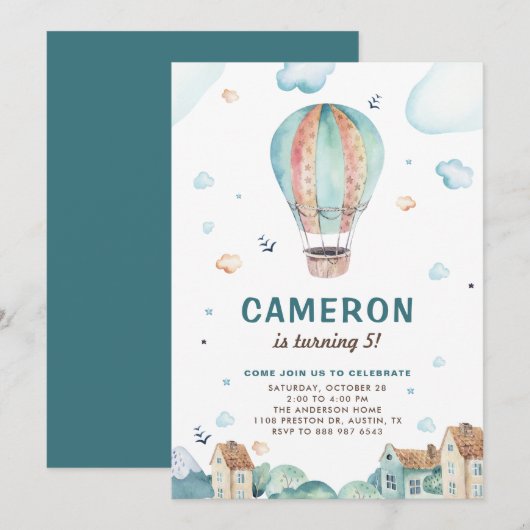  blauwe Waterverf Hot Air ballon Birthday Kaart (Voorkant / Achterkant)