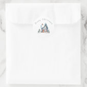 Blauwe Waterverf Huis Kerst Ronde Sticker (Tas)