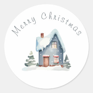 Blauwe Waterverf Huis Kerst Ronde Sticker