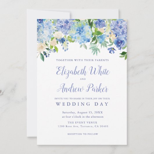 Blauwe Waterverf hydrangea Bloemige Huwelijkskaart Kaart (Voorkant)