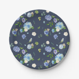 Blauwe Waterverf Hydrangea en Roos Bloemenpatroon Papieren Bordje