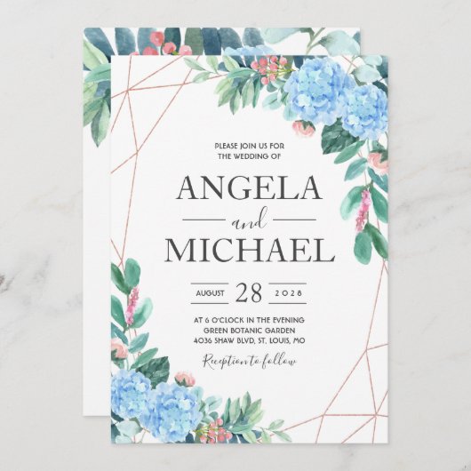 Blauwe Waterverf Hydrangea Floral bruiloft Kaart (Voorkant / Achterkant)