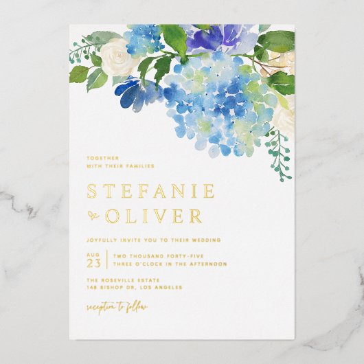 Blauwe Waterverf Hydrangea Winter Floral Wedding Folie Uitnodiging (Voorkant)