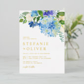 Blauwe Waterverf Hydrangea Winter Floral Wedding Folie Uitnodiging (Staand Voorkant)