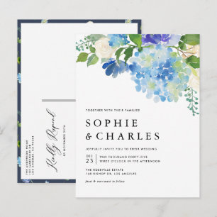 Blauwe Waterverf Hydrangea Winter Floral Wedding Uitnodiging Briefkaart