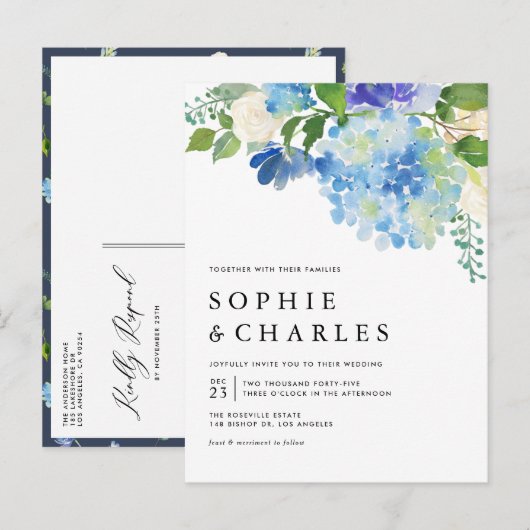 Blauwe Waterverf Hydrangea Winter Floral Wedding Uitnodiging Briefkaart (Voorkant / Achterkant)