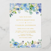 Blauwe Waterverf Hydrangeas Botanical Wedding Folie Uitnodiging (Voorkant)