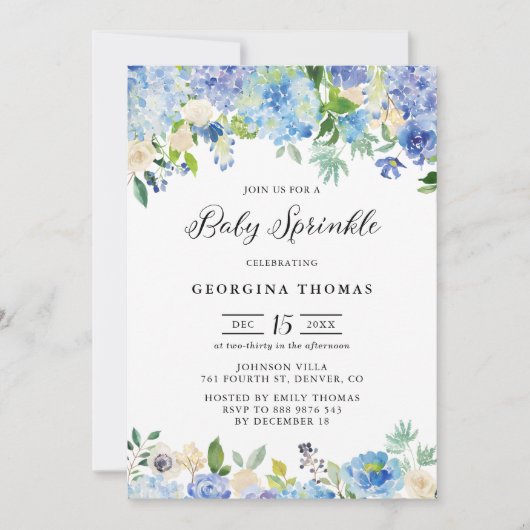 Blauwe Waterverf Hydrangeas en Rozen Baby Kaart (Voorkant)