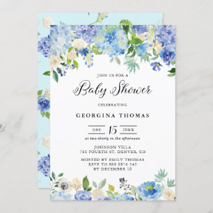 Blauwe Waterverf Hydrangeas en Rozen Baby shower Kaart