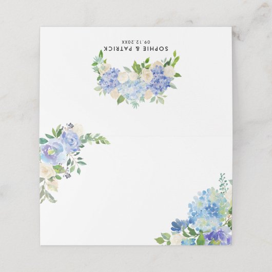 Blauwe Waterverf Hydrangeas en Rozen Borders Wedde Plaatskaartje (Buitenkant ongevouwen)
