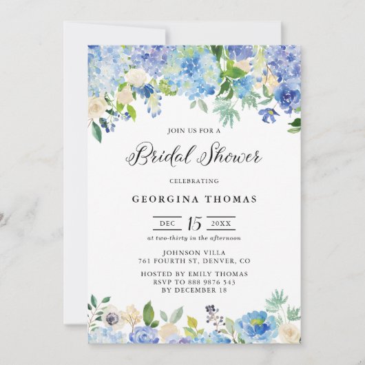 Blauwe Waterverf Hydrangeas en Rozen Vrijgezellenf Kaart (Voorkant)