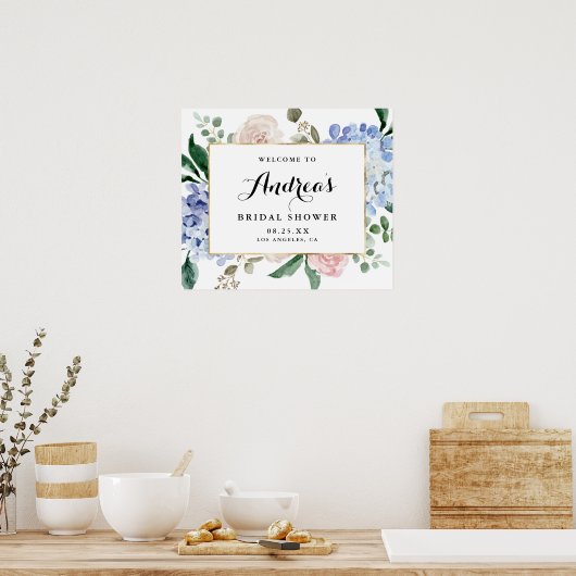 Blauwe Waterverf Hydrangeas Gold Foil Vrijgezellen Poster (Keuken)