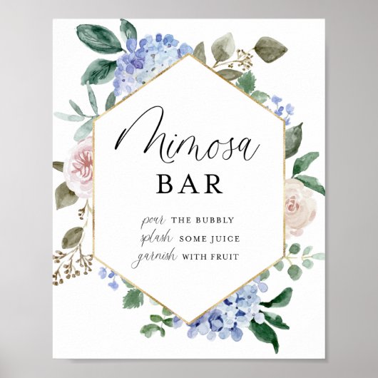 Blauwe Waterverf Hydrangeas Gold Lijst Mimosa Bar Poster (Voorkant)