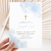 Blauwe Waterverf Jongen Gouden Kruis Doopsel Kaart