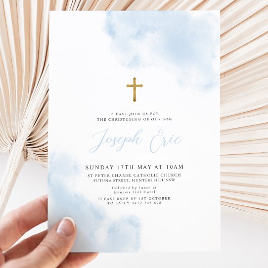 Blauwe Waterverf Jongen Gouden Kruis Doopsel Kaart