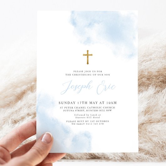 Blauwe Waterverf Jongen Gouden Kruis Doopsel Kaart