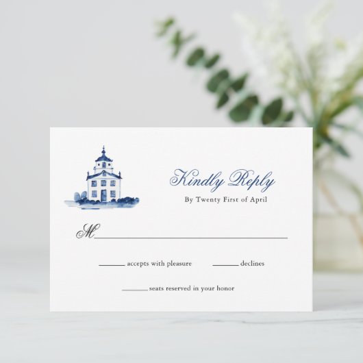 Blauwe Waterverf Kerkbruiloft RSVP (Staand voorkant)