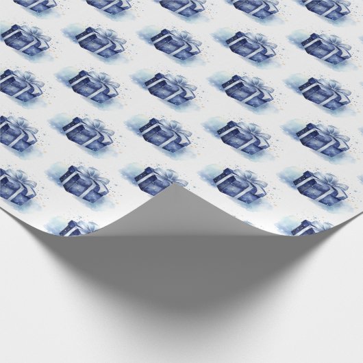 Blauwe Waterverf kerstcadeau Cadeaupapier (Hoek)